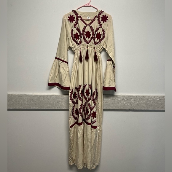 Elegant Cream and Red Embroidered Abaya Dress